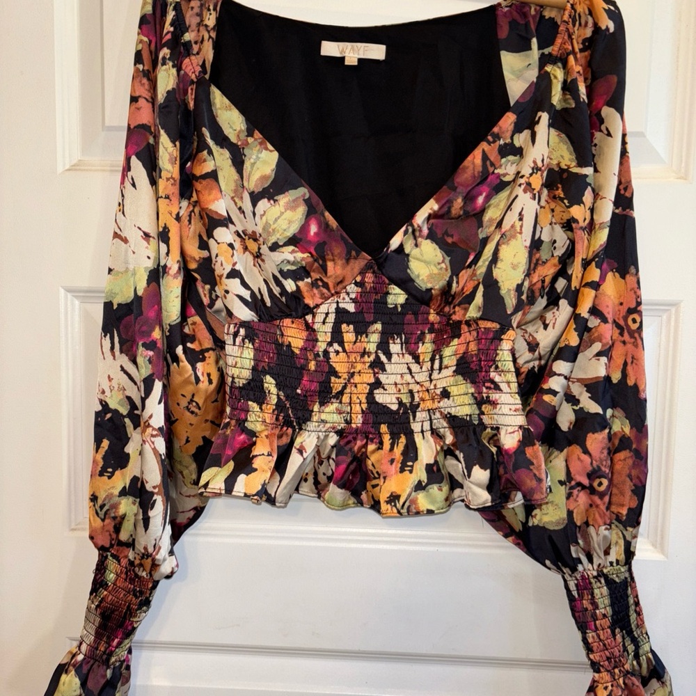 WAYF L Black Floral Anthropologie Smocked Peplum Balloon Sleeve Whimsigoth Party